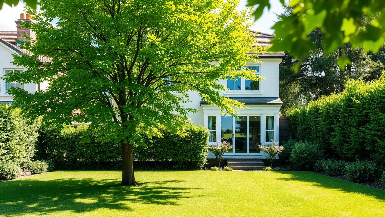 Mature feature tree casting dappled shade over a lush green lawn in a modern residential garden. Images Created by www.future-home.shop