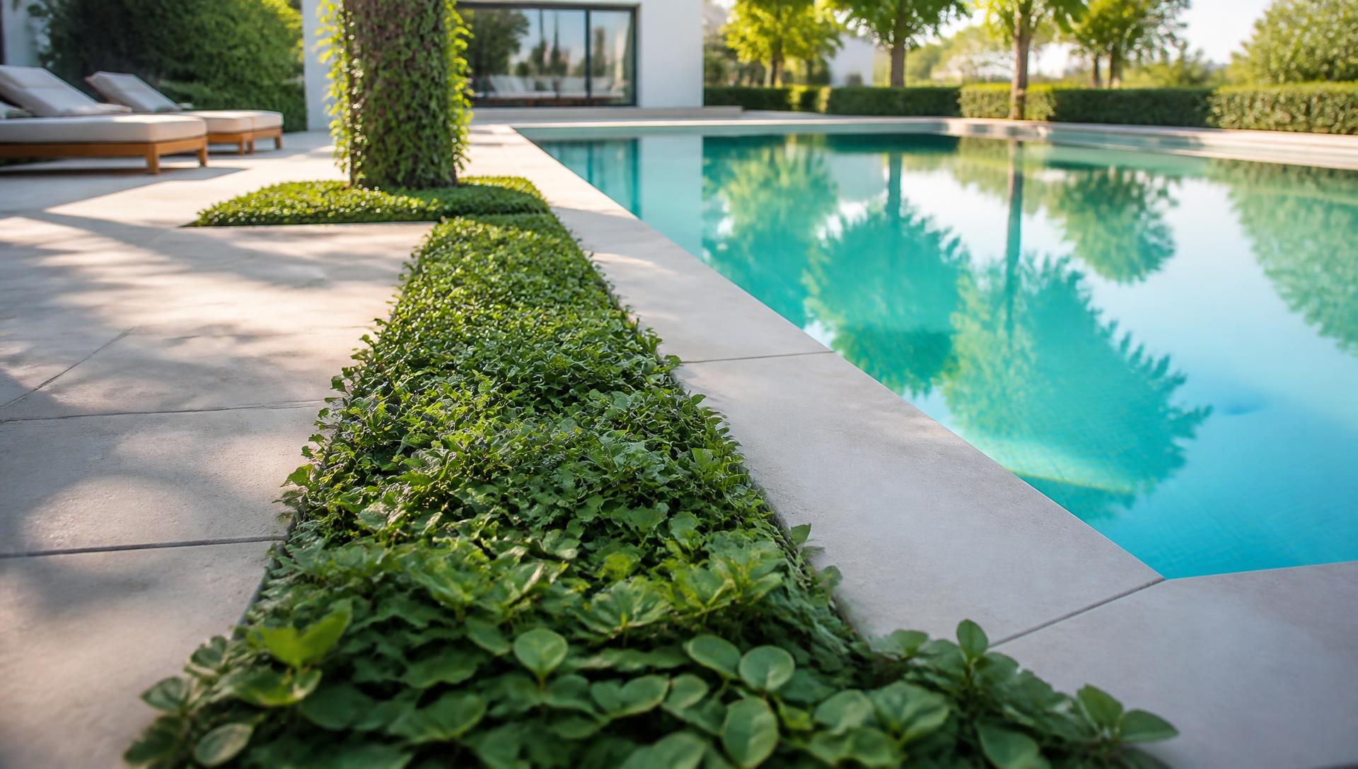 Green groundcover edging a modern luxury swimming pool with pale stone pavers. Images Created by www.future-home.shop