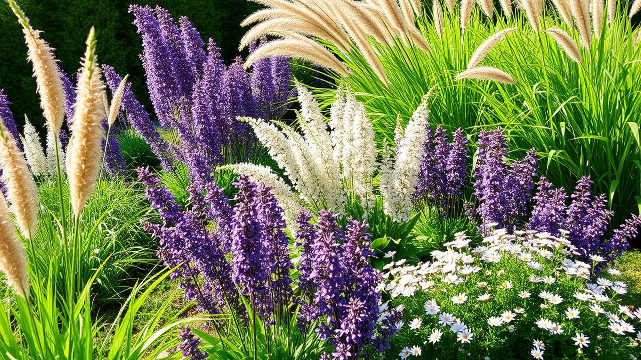 Colourful perennial border with ornamental grasses purple and white flowering plants modern. Images Created by www.future-home.shop