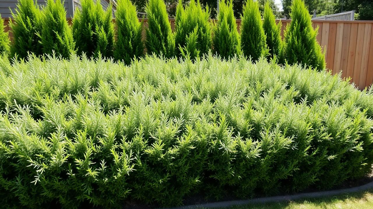 Dense massed evergreen shrubs and conifers creating privacy screening along a timber fence. Images Created by www.future-home.shop