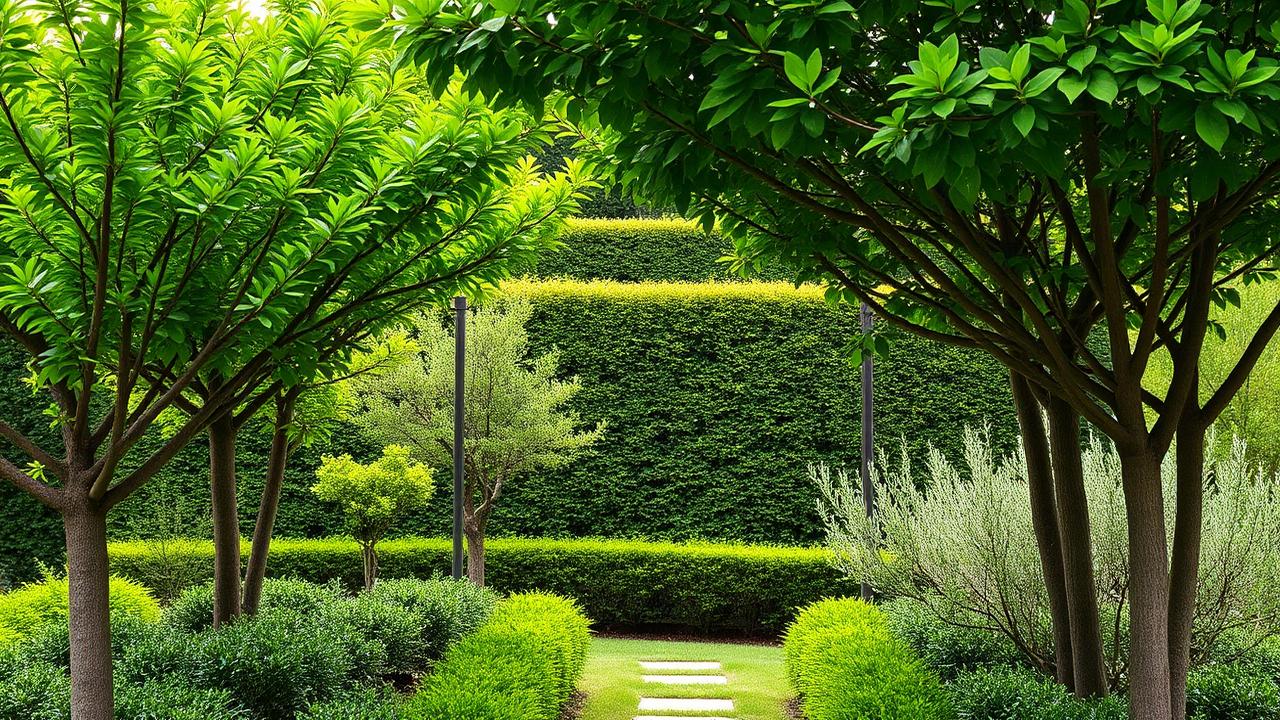 Layered garden understorey with small trees and tall shrubs framing a manicured hedge and stone path. Images Created by www.future-home.shop