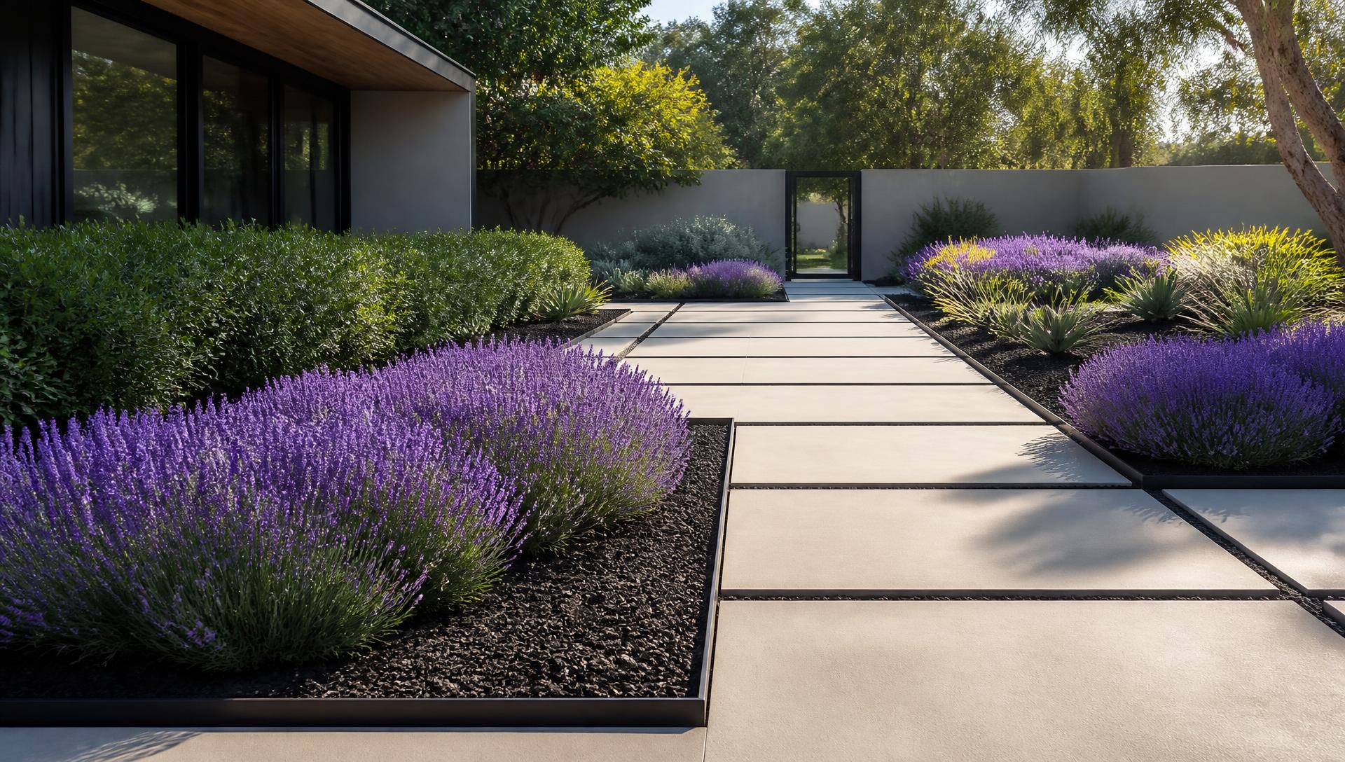 Low maintenance modern garden with lavender rows concrete pavers dark gravel beds. Images Created by www.future-home.shop
