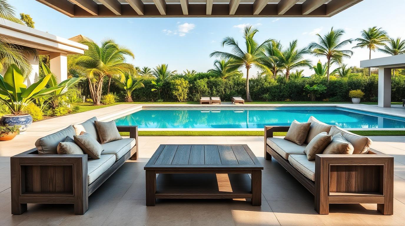 Material Teak Outdoor Furniture design concept visualisation photo modern home and garden. Images Created by www.future-home.shop