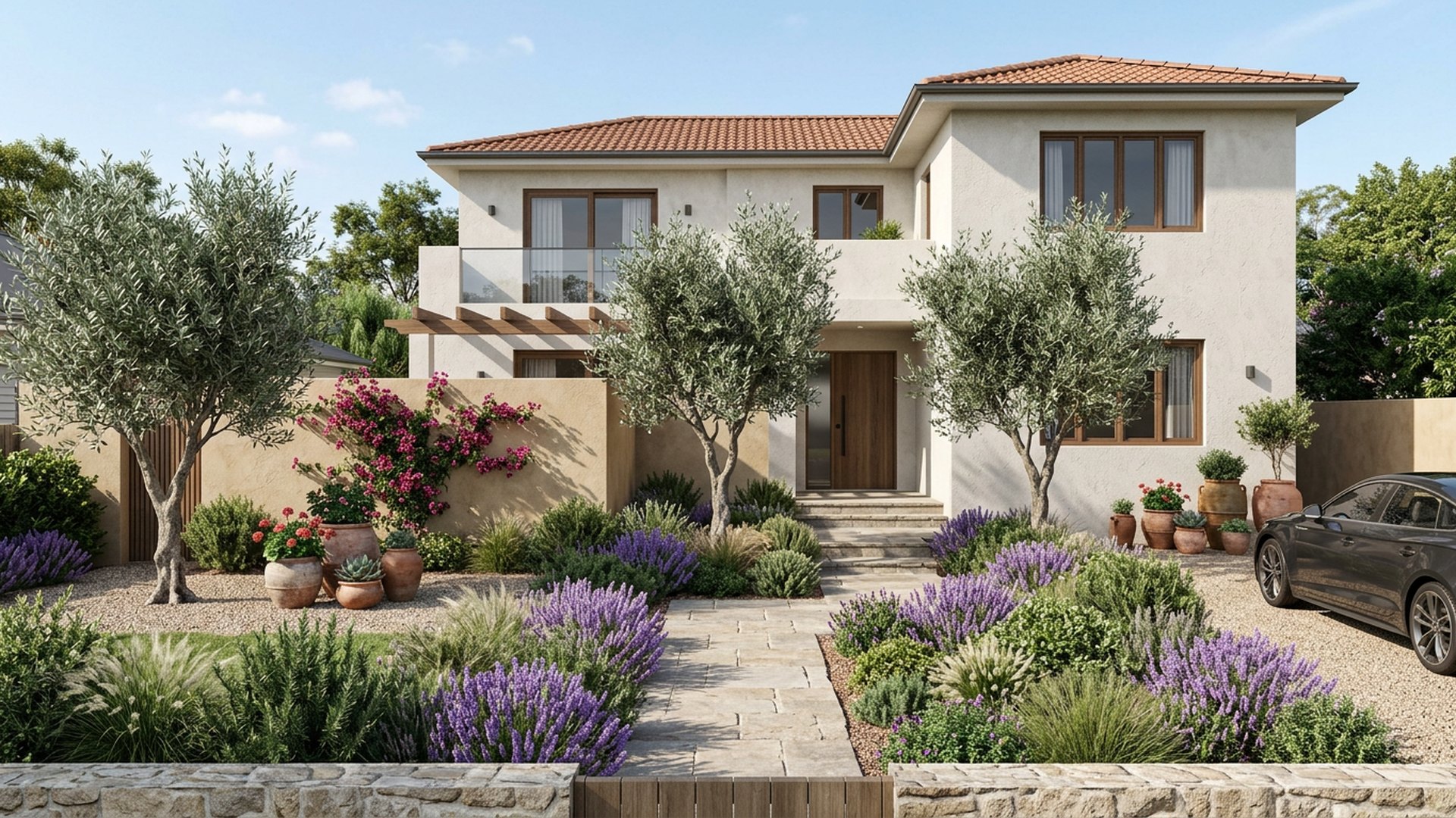 Mediterranean Frontage front yard landscaping concept Forward Looking Olive trees, lavender drifts and terracotta pots against a rendered wall. After. Images Created by www.future-home.shop