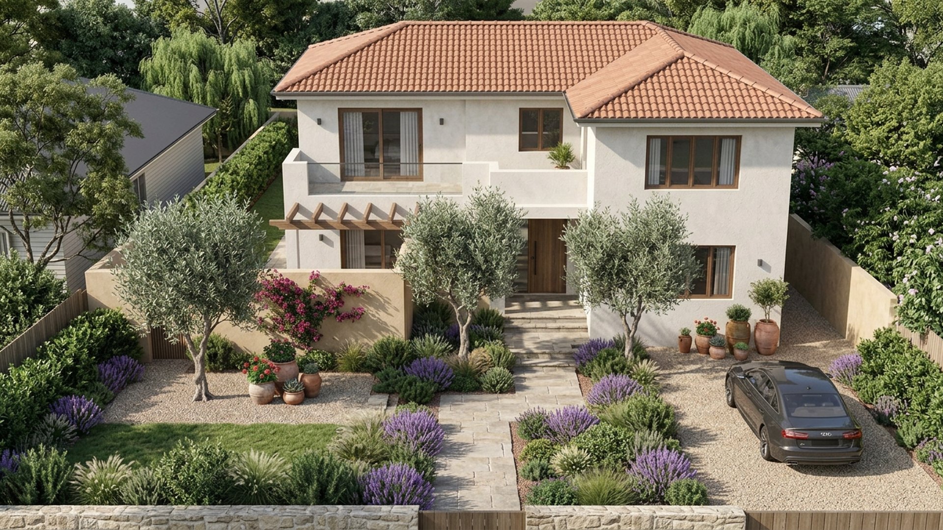 Mediterranean Home Designs design concept visualisation photo modern home and garden landscaping. Images Created by www.future-home.shop