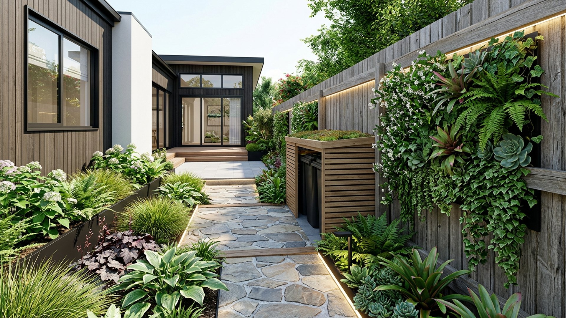 Narrow Side Yard Rescue backyard landscaping concept Forward Looking A forgotten 3 metre strip turned into a lit garden walk. Images Created by www.future-home.shop