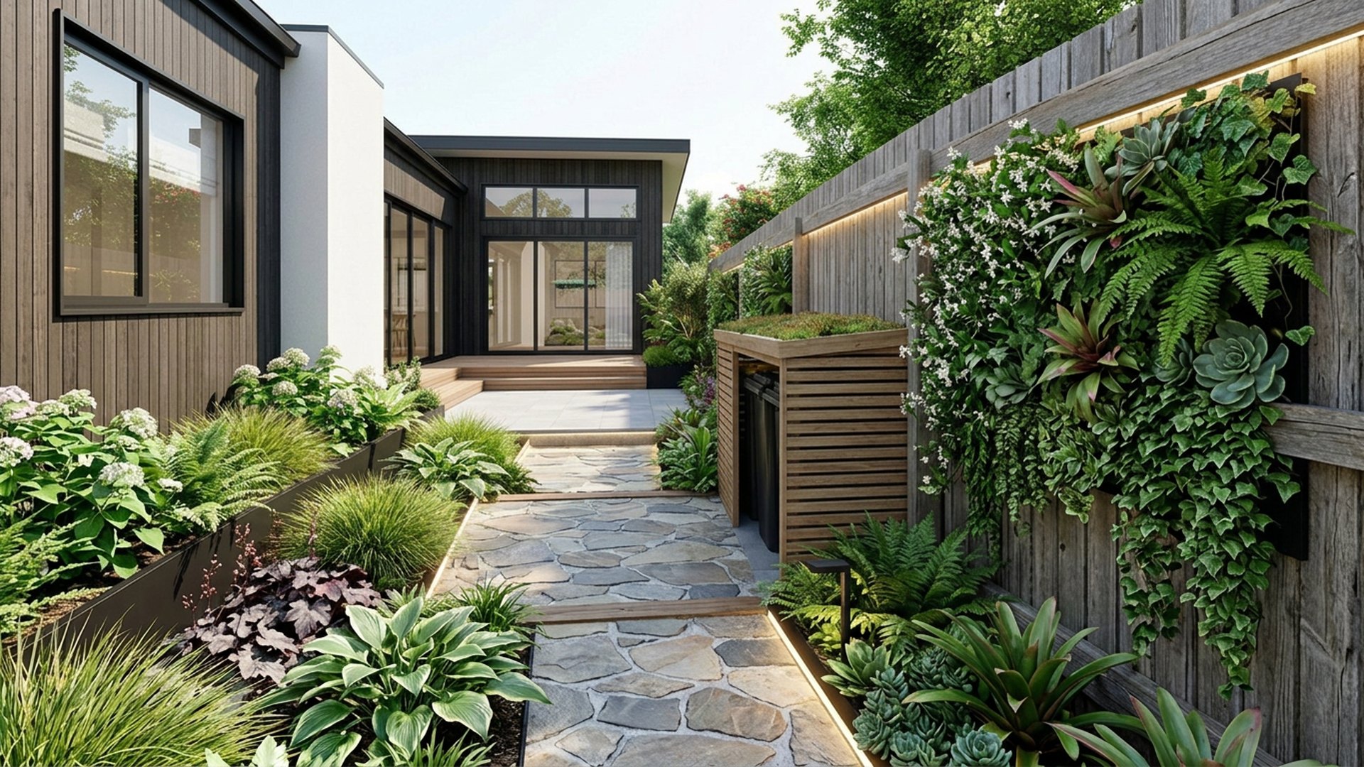 Narrow Home Designs design concept visualisation photo modern home and garden landscaping. Images Created by www.future-home.shop