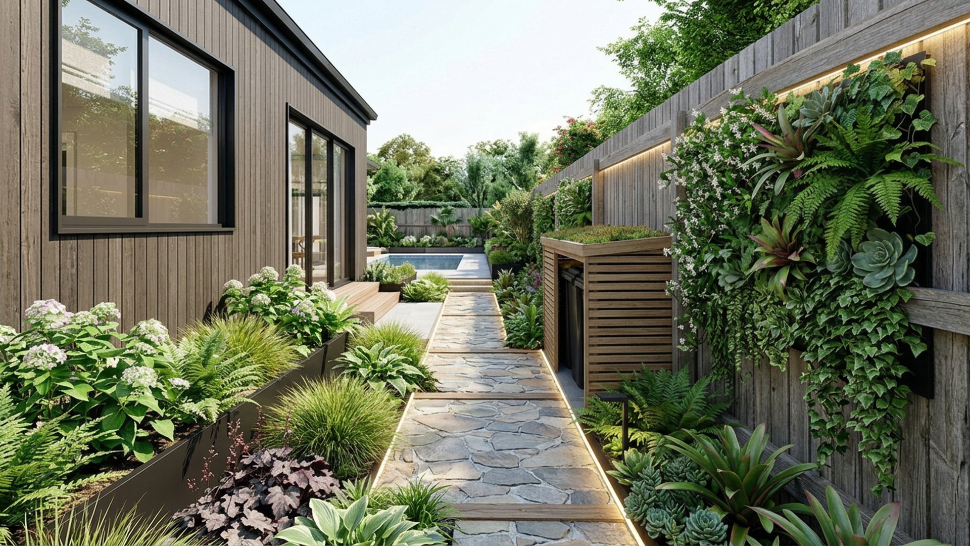 Narrow Home Designs design concept visualisation photo modern home and garden landscaping. Images Created by www.future-home.shop