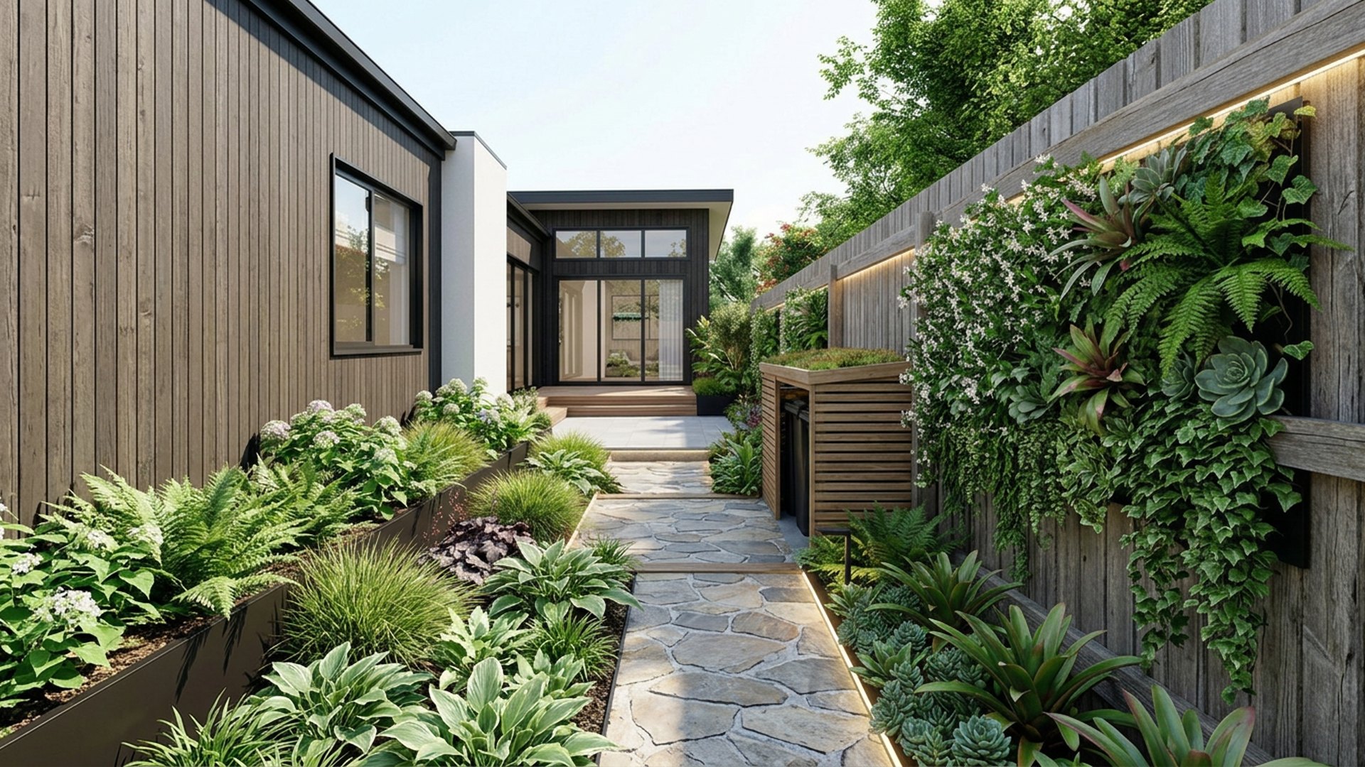 Narrow Home Designs design concept visualisation photo modern home and garden landscaping. Images Created by www.future-home.shop