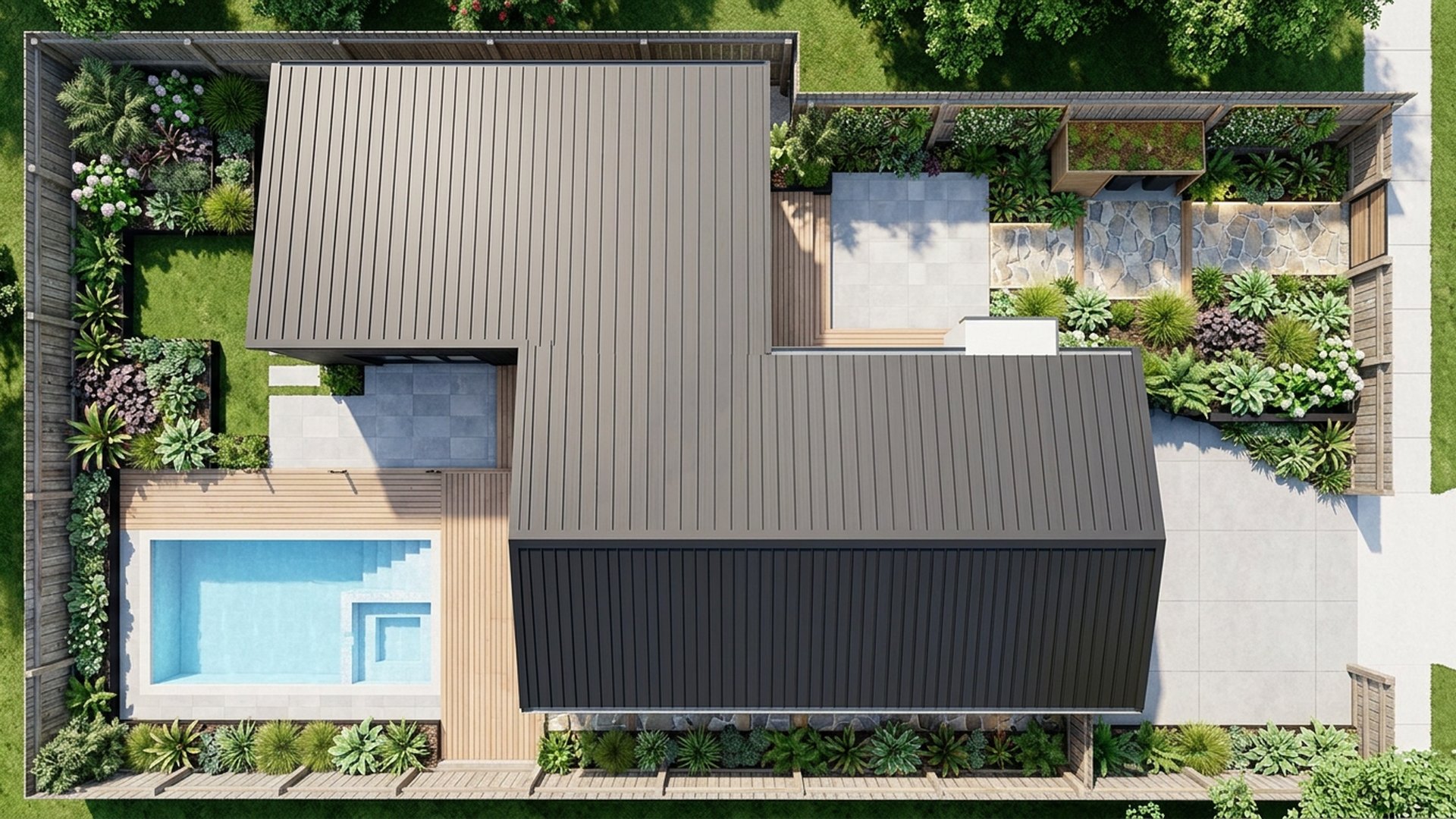 Narrow Home Designs design concept visualisation photo modern home and garden landscaping. Images Created by www.future-home.shop