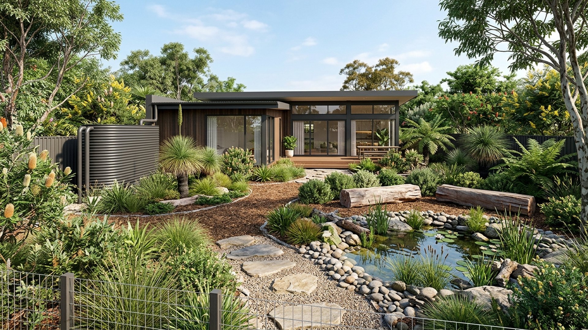 Native Habitat Backyard backyard landscaping concept Forward Looking Indigenous planting, a frog pond, log seating and a rainwater tank. A. Images Created by www.future-home.shop