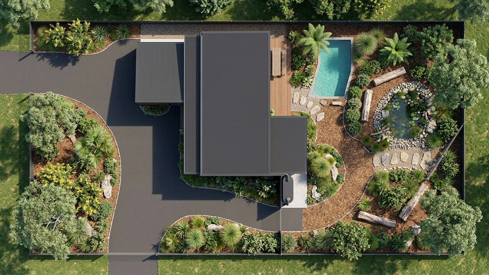 Native Home Designs design concept visualisation photo modern home and garden landscaping. Images Created by www.future-home.shop