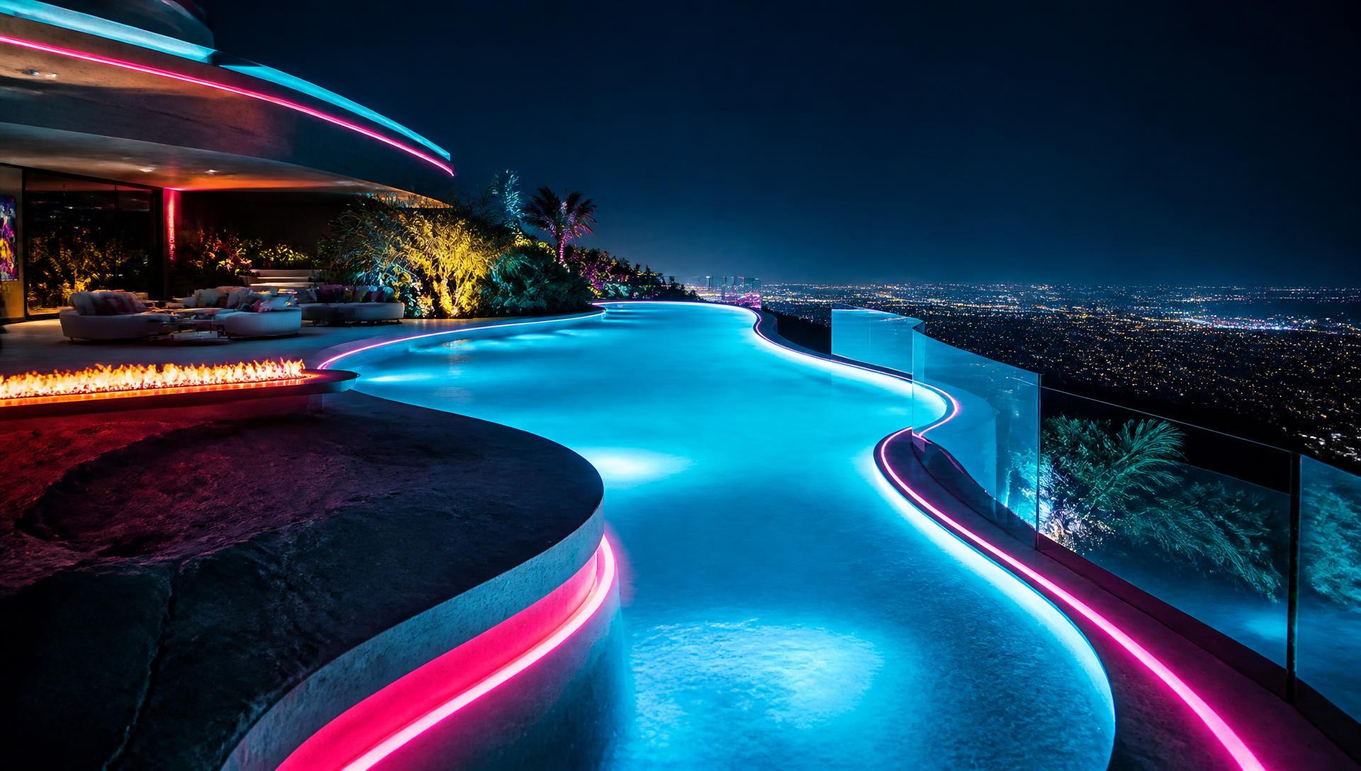 A curved infinity edge pool glowing electric turquoise with magenta neon coping, fire ribbon and city lights far below. Images Created by www.future-home.shop
