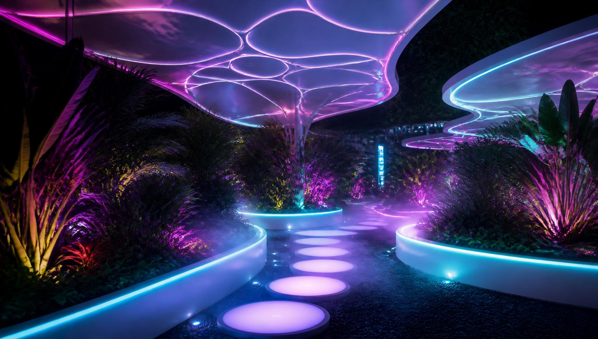A futuristic garden with a parametric neon canopy, glowing planter rims, luminous stepping discs and backlit tropical foliage in mist. Images Created by www.future-home.shop