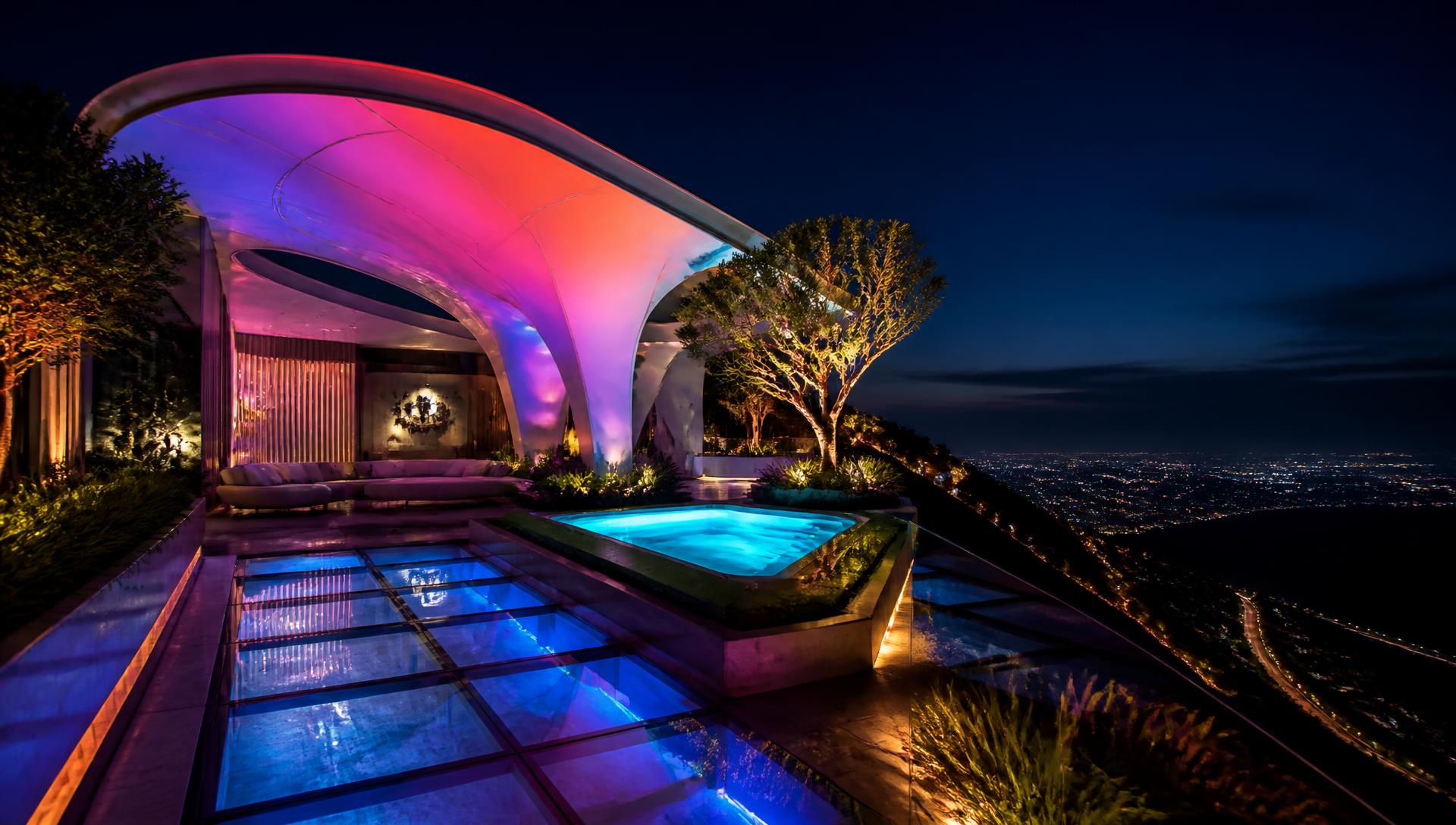 A rooftop shell canopy pavilion with neon gradient underlighting, glowing plunge pool and illuminated glass floor panels over the ridge. Images Created by www.future-home.shop
