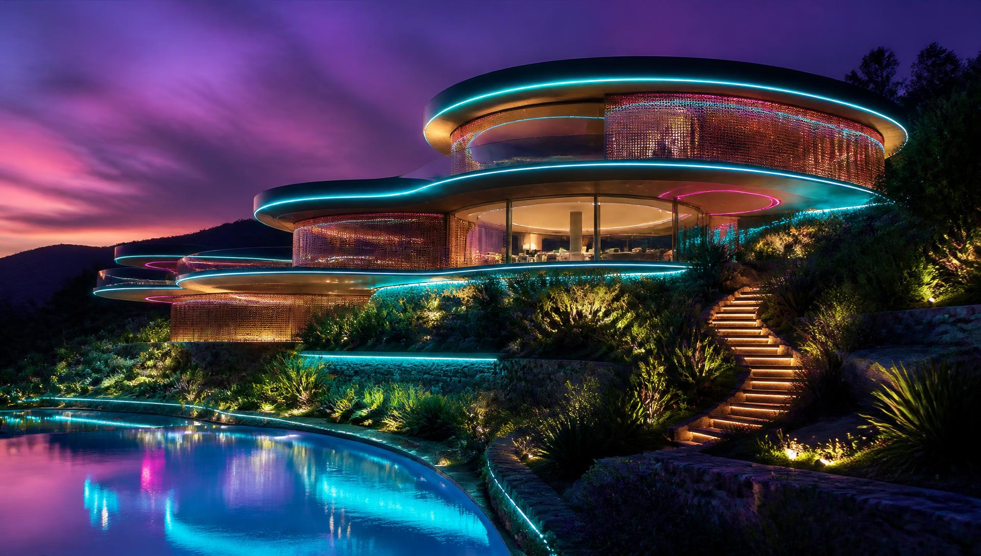 A dusk elevation of a terraced futuristic ridge house with cyan neon edge lines, bronze mesh screens and glowing cascading. Images Created by www.future-home.shop