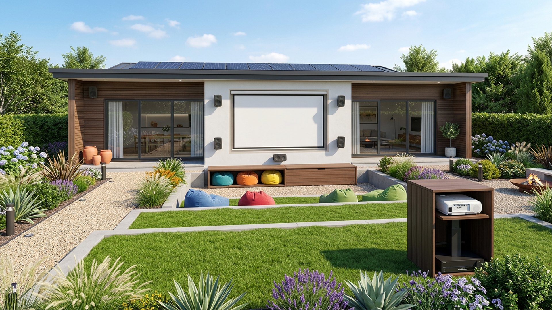 Outdoor Cinema Lawn backyard landscaping concept Forward Looking A projector wall, tiered lawn seating and bean bag storage bench. The. Images Created by www.future-home.shop