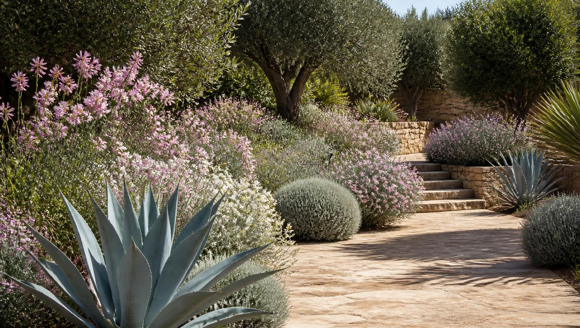 Mediterranean dry garden with silvery olive trees agave pink flowers stone steps. Images Created by www.future-home.shop