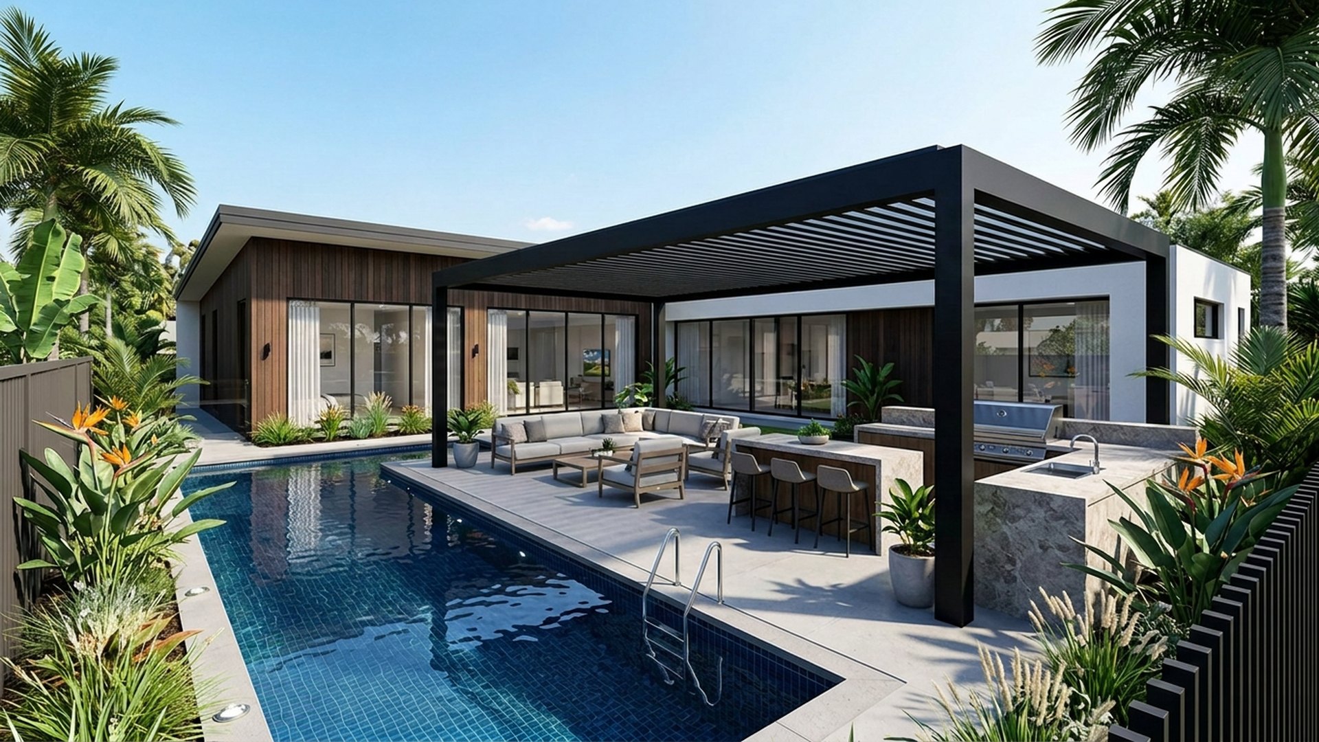Poolside Pool Designs design concept visualisation photo modern home and garden landscaping. Images Created by www.future-home.shop