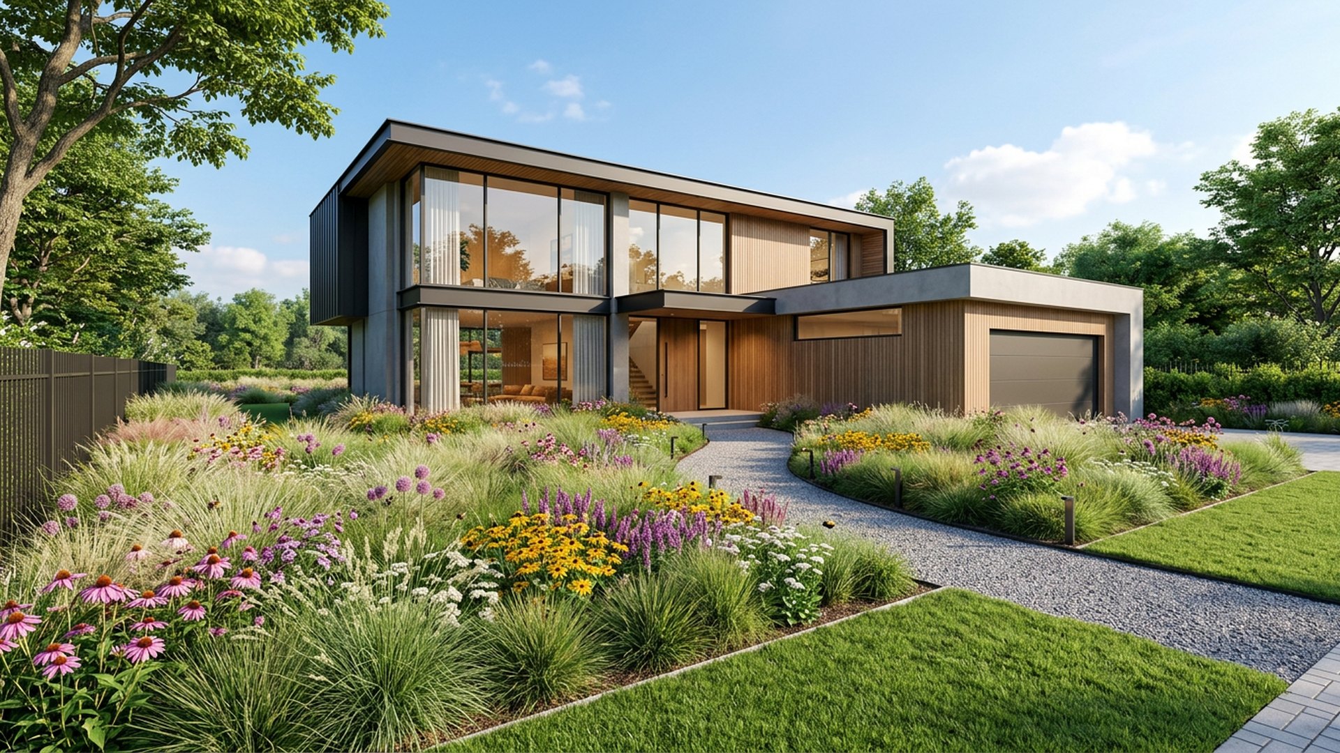 Prairie Meadow Verge front yard landscaping concept Forward Looking Drifting grasses and perennials mown to a crisp lawn edge for. Images Created by www.future-home.shop