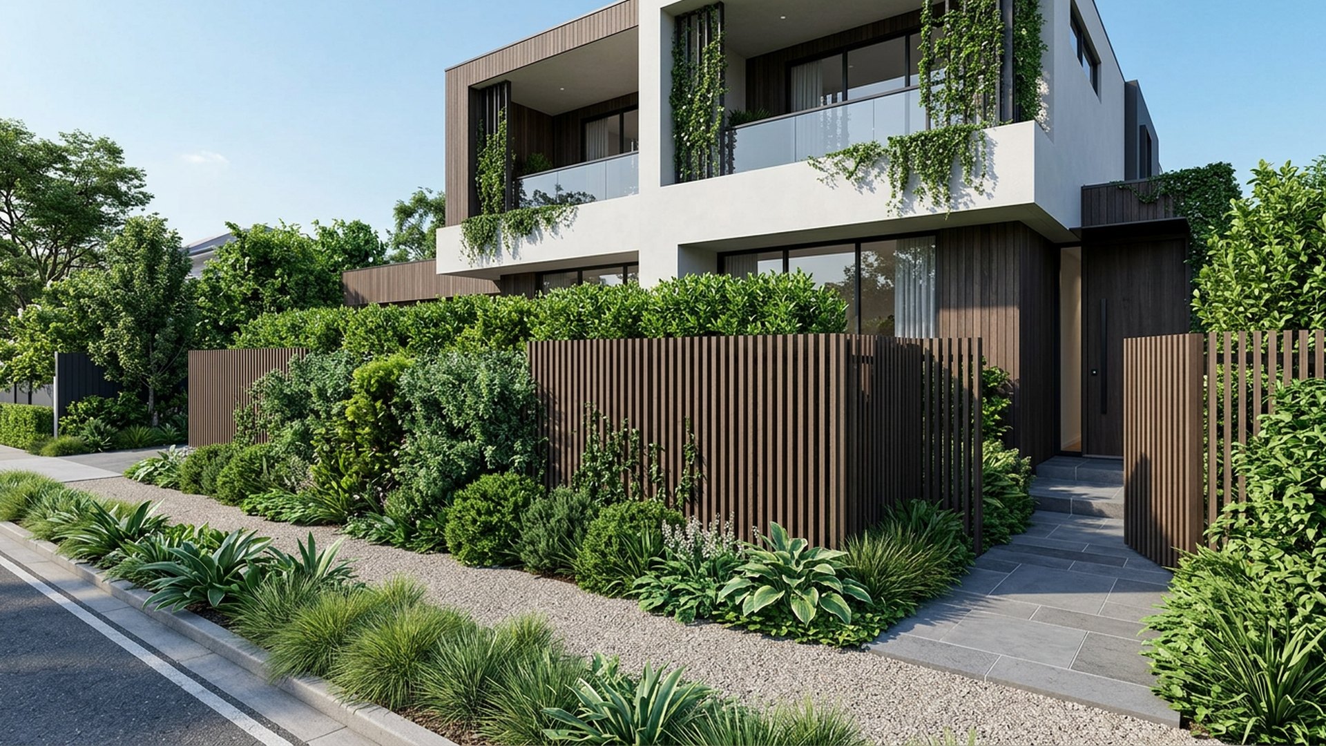 Privacy Screen Front front yard landscaping concept Forward Looking A slatted screen wall and layered hedge that hides living rooms. Images Created by www.future-home.shop
