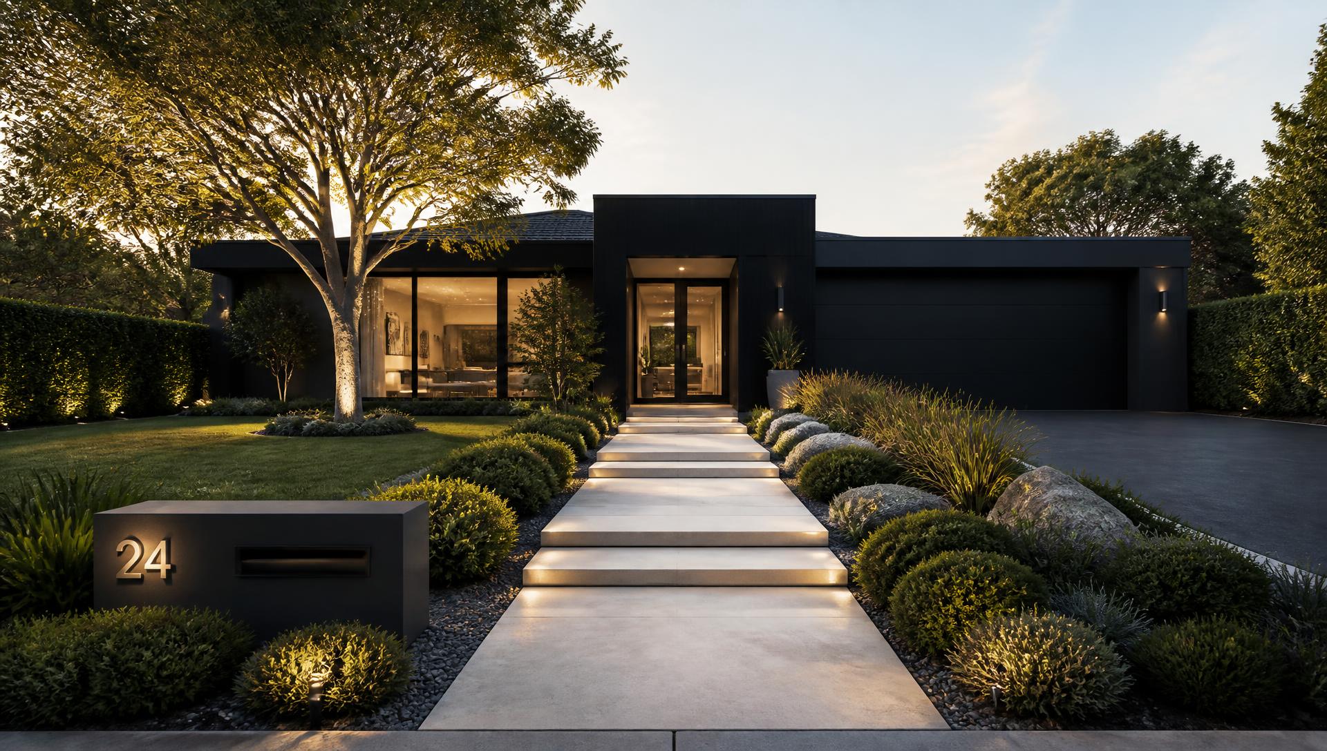 Modern front yard with wide stone path and layered planting beds showing proportion planning. Images Created by www.future-home.shop