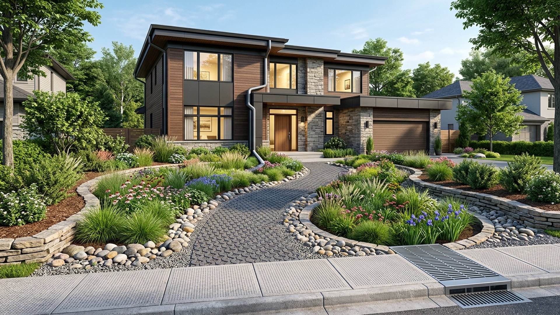 Rain Garden Front front yard landscaping concept Forward Looking A planted swale that captures roof runoff before it reaches the. Images Created by www.future-home.shop
