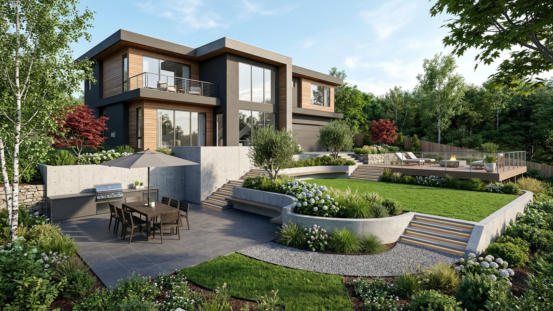 Sloping Yard Terraces backyard landscaping concept Forward Looking Three levels: dining terrace, lawn, and a lookout deck at the high. Images Created by www.future-home.shop