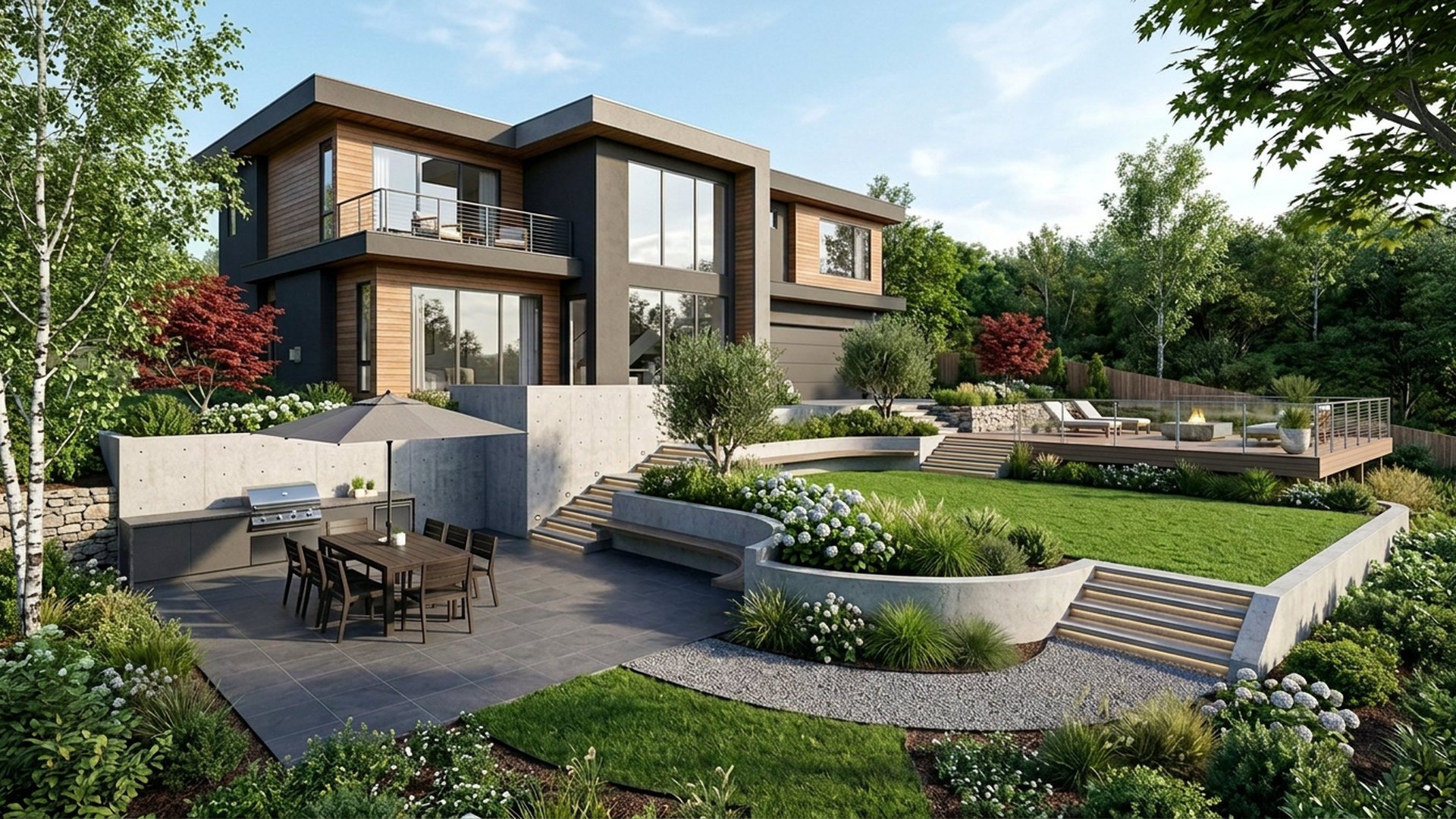 Sloping Home Designs design concept visualisation photo modern home and garden landscaping. Images Created by www.future-home.shop