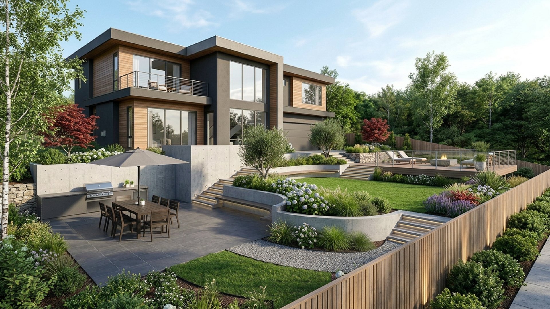 Sloping Home Designs design concept visualisation photo modern home and garden landscaping. Images Created by www.future-home.shop
