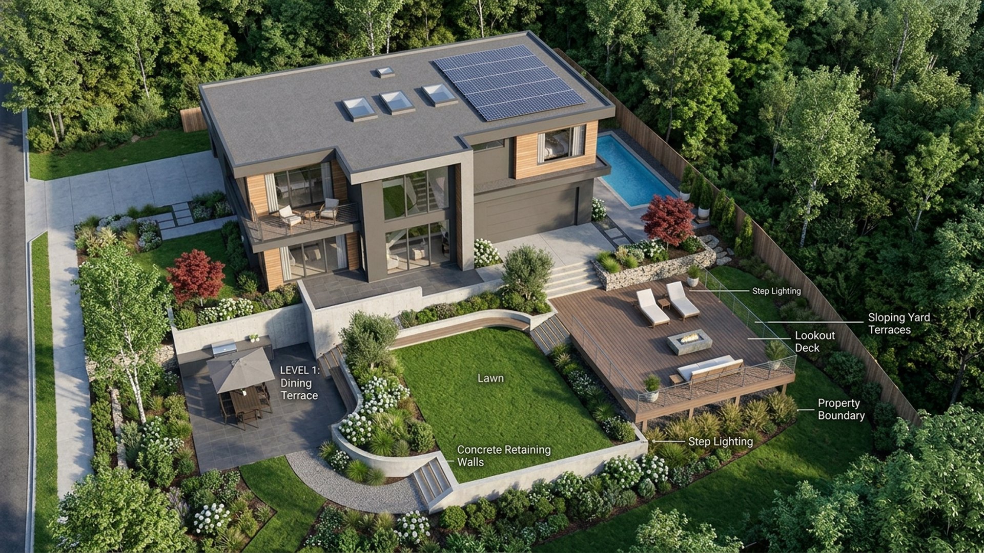 Sloping Home Designs design concept visualisation photo modern home and garden landscaping. Images Created by www.future-home.shop