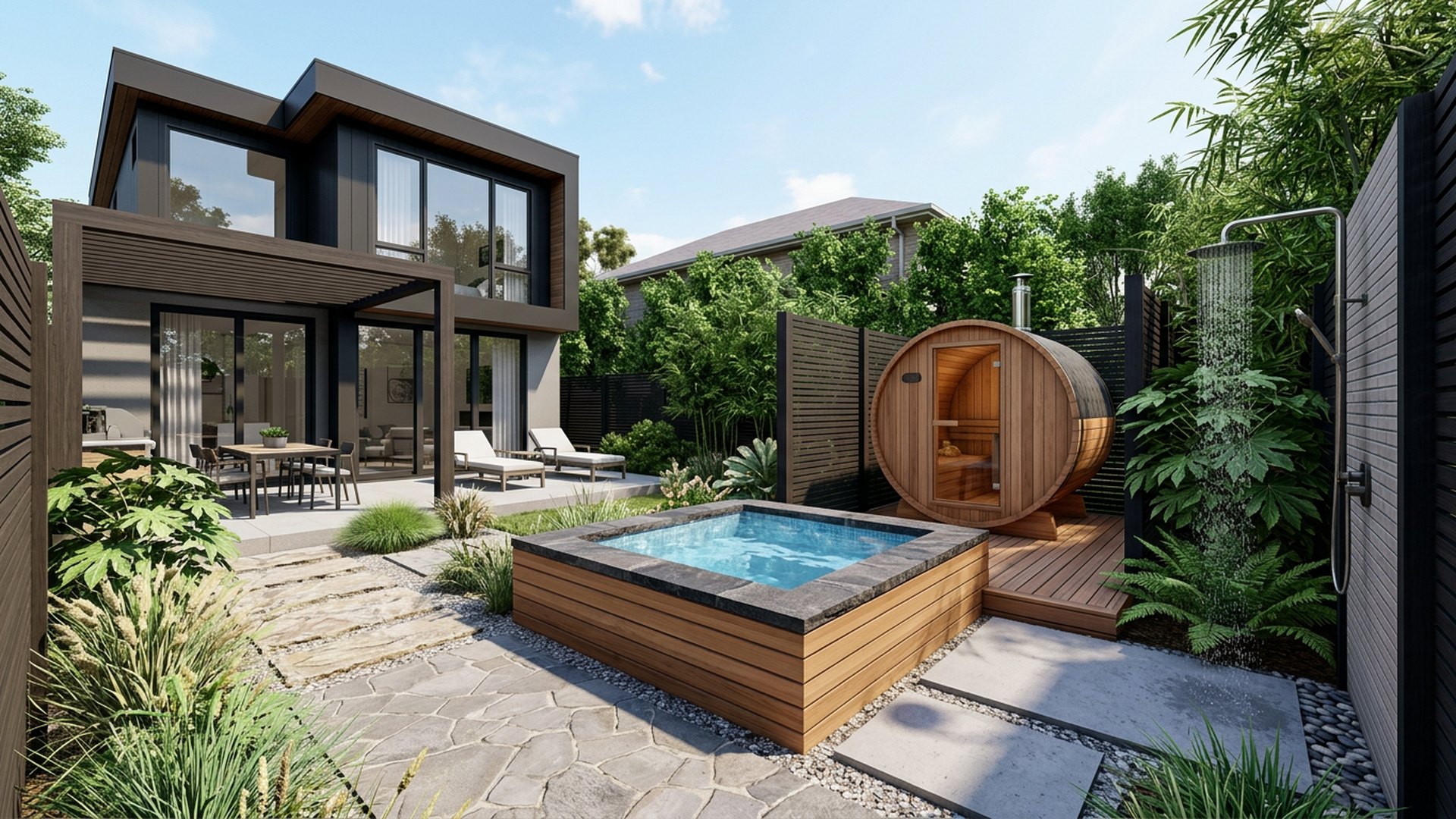 Spa and Sauna Corner backyard landscaping concept Forward Looking A plunge spa, barrel sauna and cold shower tucked into a. Images Created by www.future-home.shop