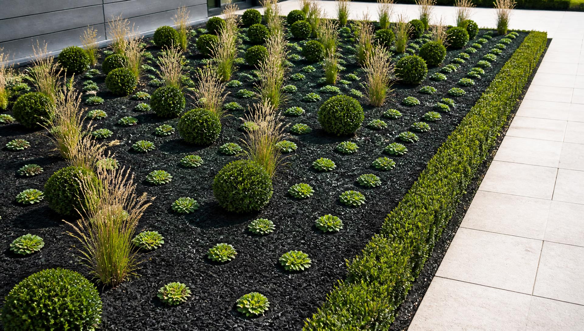 Modern grid planted garden bed with black mulch clipped box balls ornamental grasses. Images Created by www.future-home.shop
