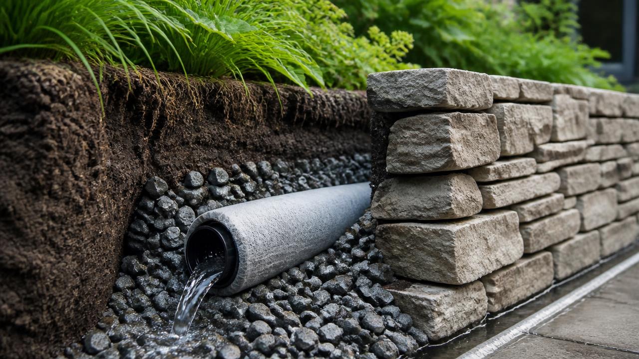 Garden drainage detail with agricultural drain in gravel trench behind new stone retaining wall. Images Created by www.future-home.shop