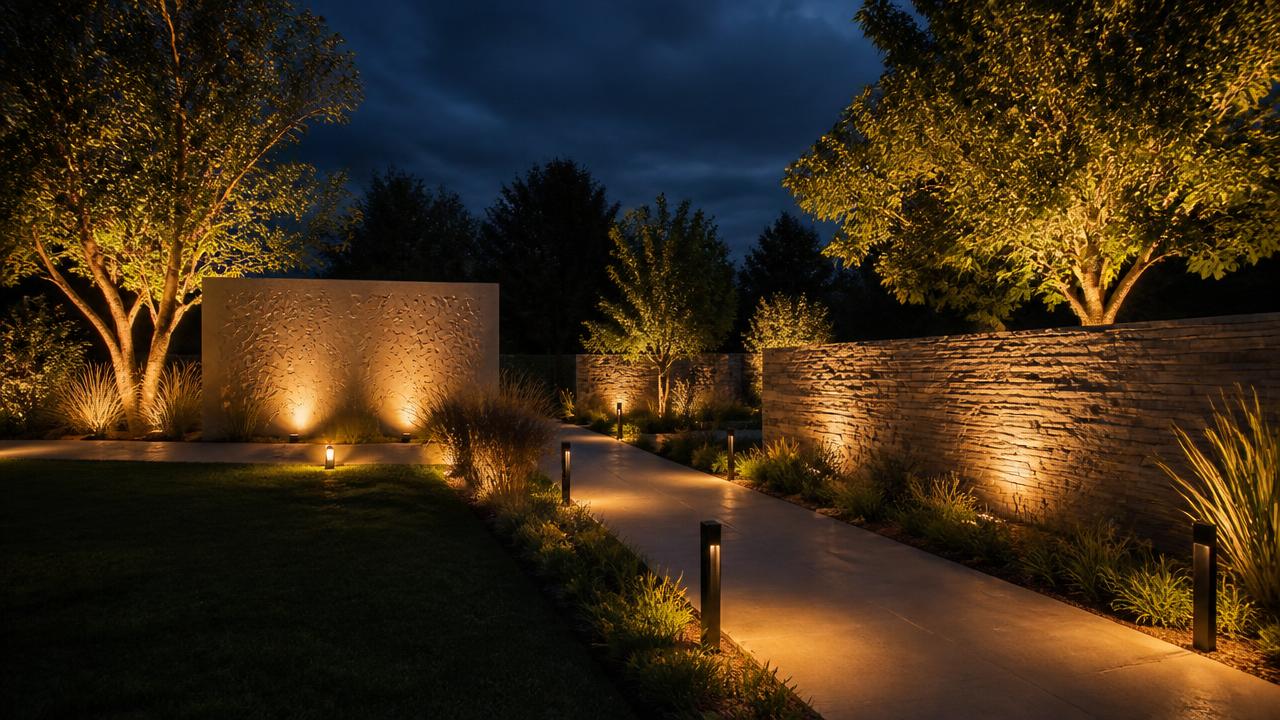 Garden landscape lighting at night with path markers, uplit feature tree and grazed stone wall. Images Created by www.future-home.shop