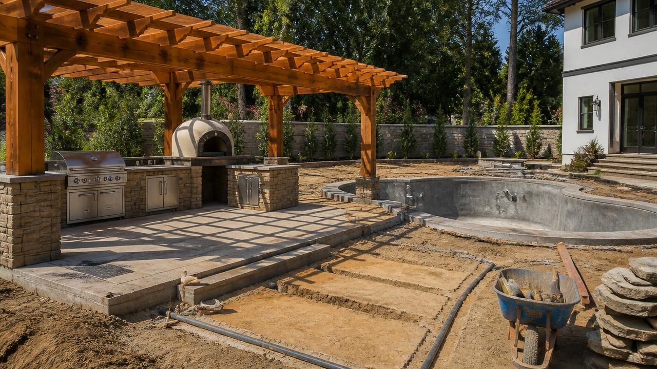 Backyard under construction with timber pergola frame, pool shell and service conduit trenches. Images Created by www.future-home.shop