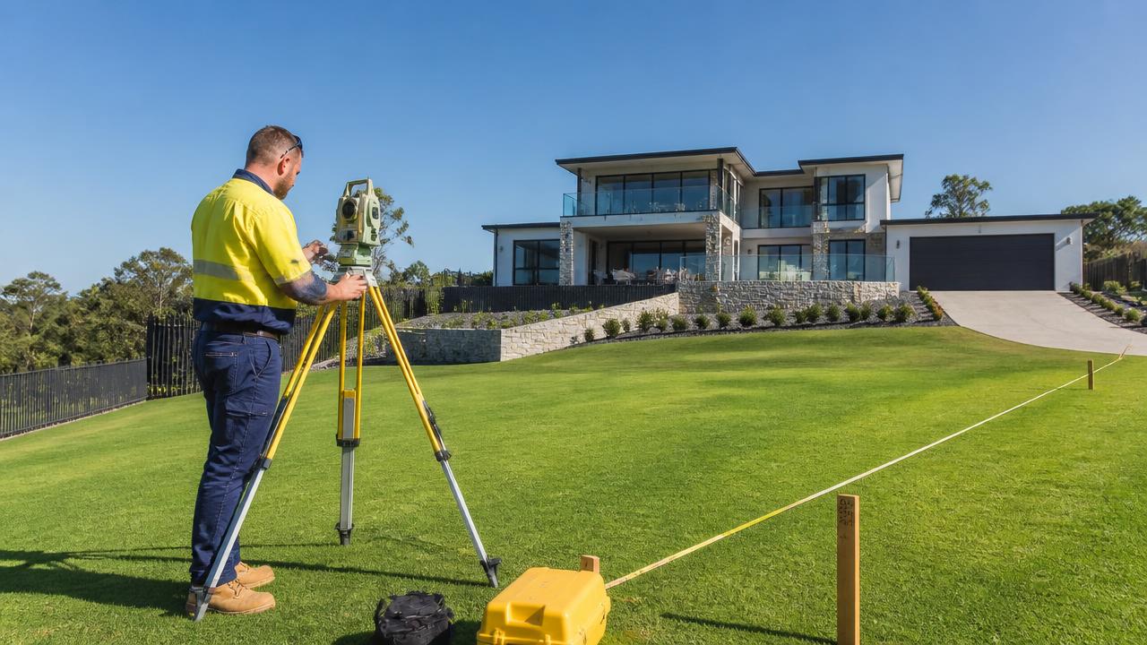 Landscape designer surveying sloping residential block with laser level tripod and boundary pegs. Images Created by www.future-home.shop