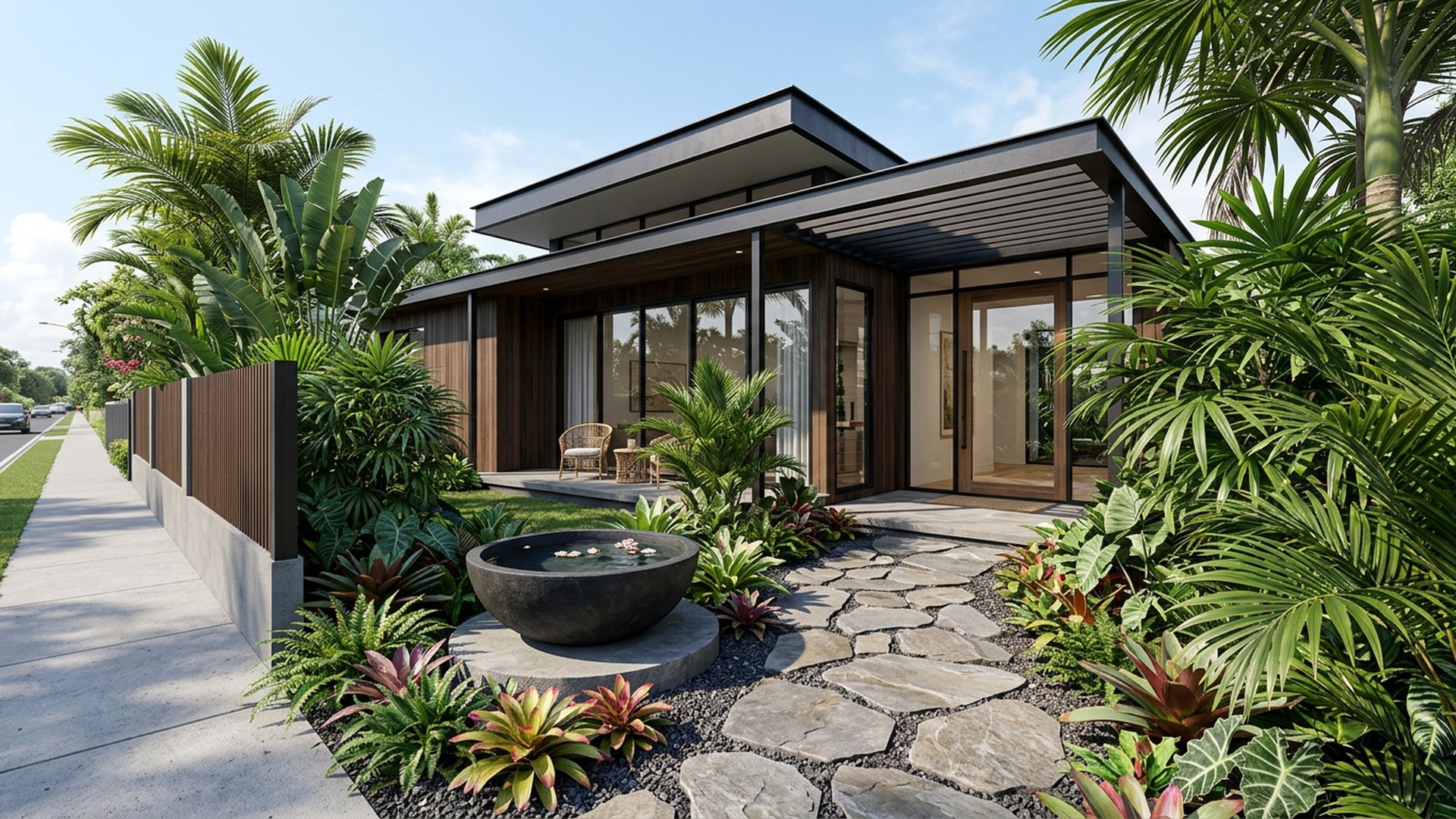 Tropical Arrival front yard landscaping concept Forward Looking Broad leaf palms, bromeliads and a water bowl beside a shaded entry. Images Created by www.future-home.shop