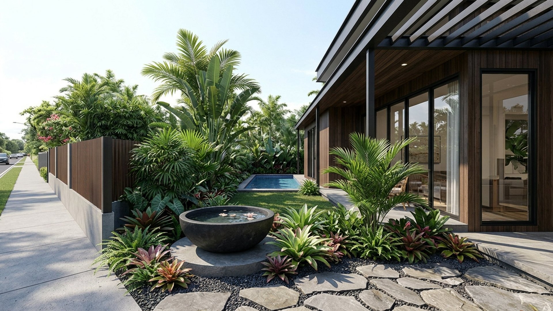Tropical Home Designs design concept visualisation photo modern home and garden landscaping. Images Created by www.future-home.shop