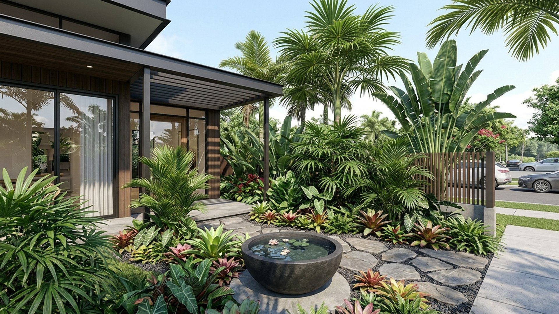 Tropical Home Designs design concept visualisation photo modern home and garden landscaping. Images Created by www.future-home.shop