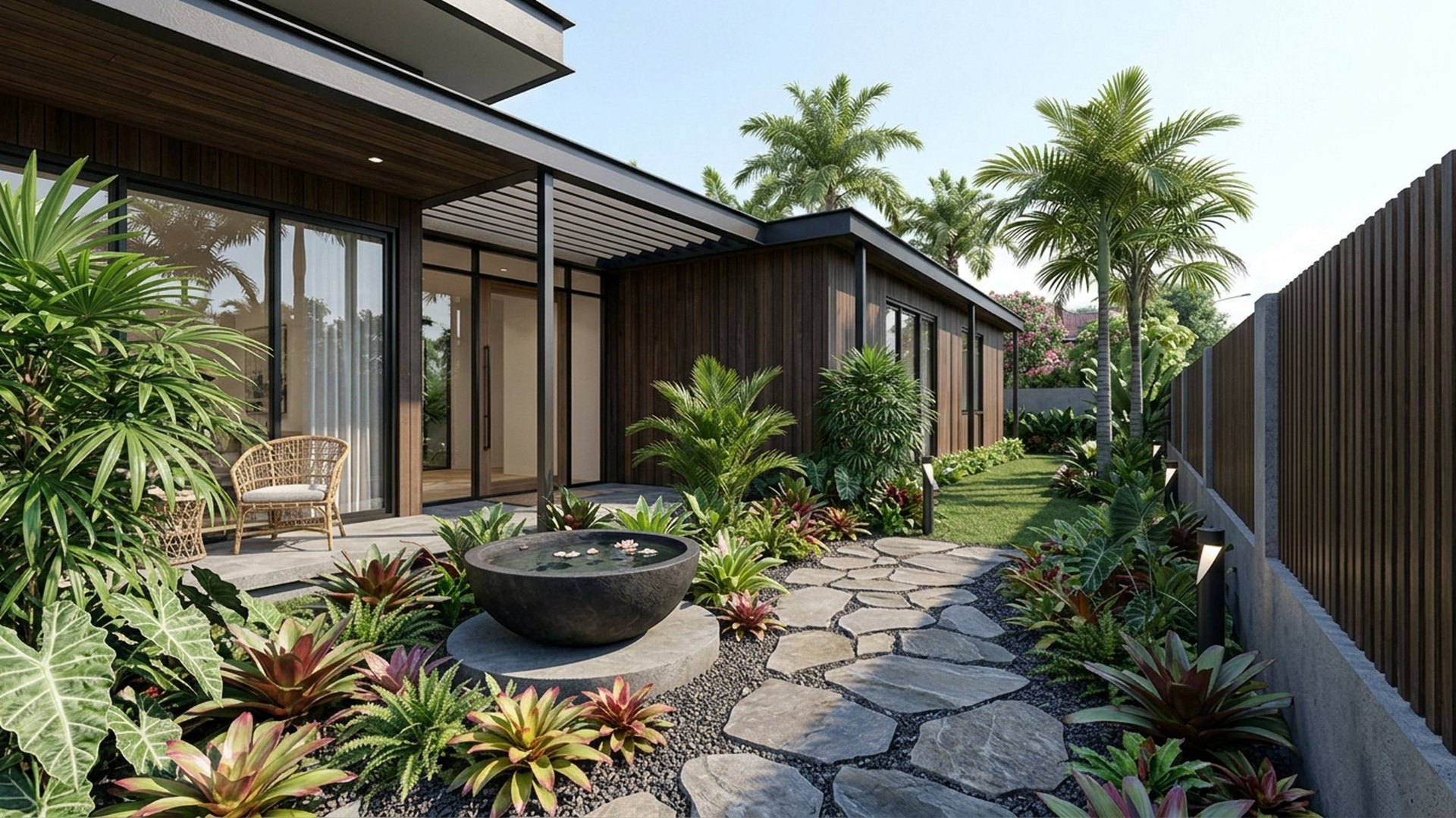 Tropical Home Designs design concept visualisation photo modern home and garden landscaping. Images Created by www.future-home.shop
