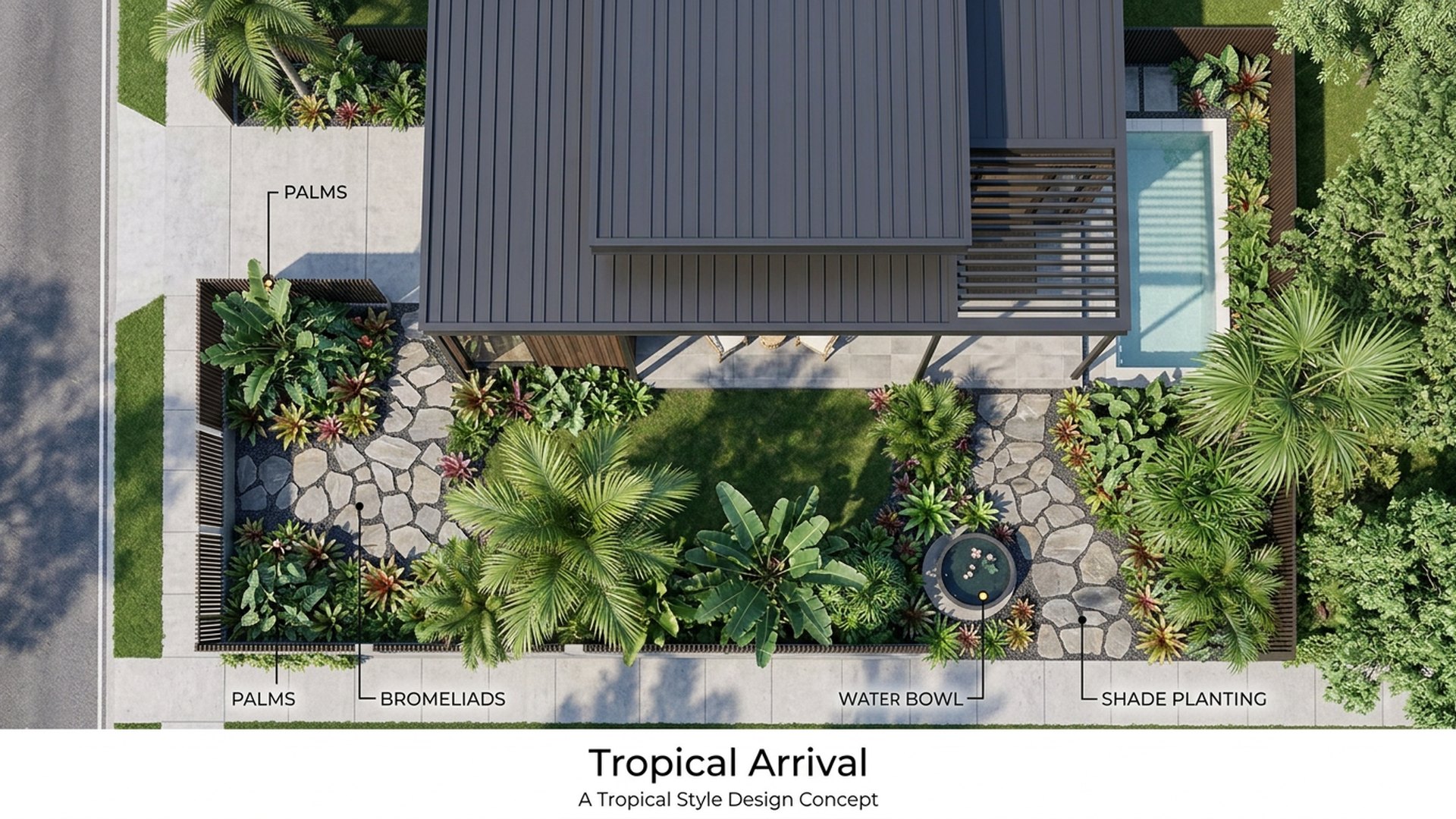Tropical Home Designs design concept visualisation photo modern home and garden landscaping. Images Created by www.future-home.shop