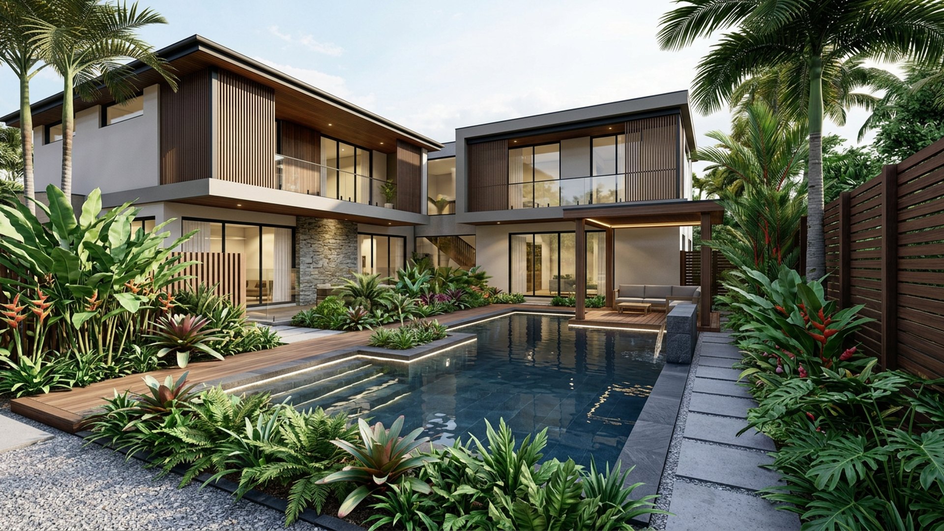 Tropical Oasis backyard landscaping concept Forward Looking Layered palms and gingers around a dark tiled pool with hidden lighting. After. Images Created by www.future-home.shop
