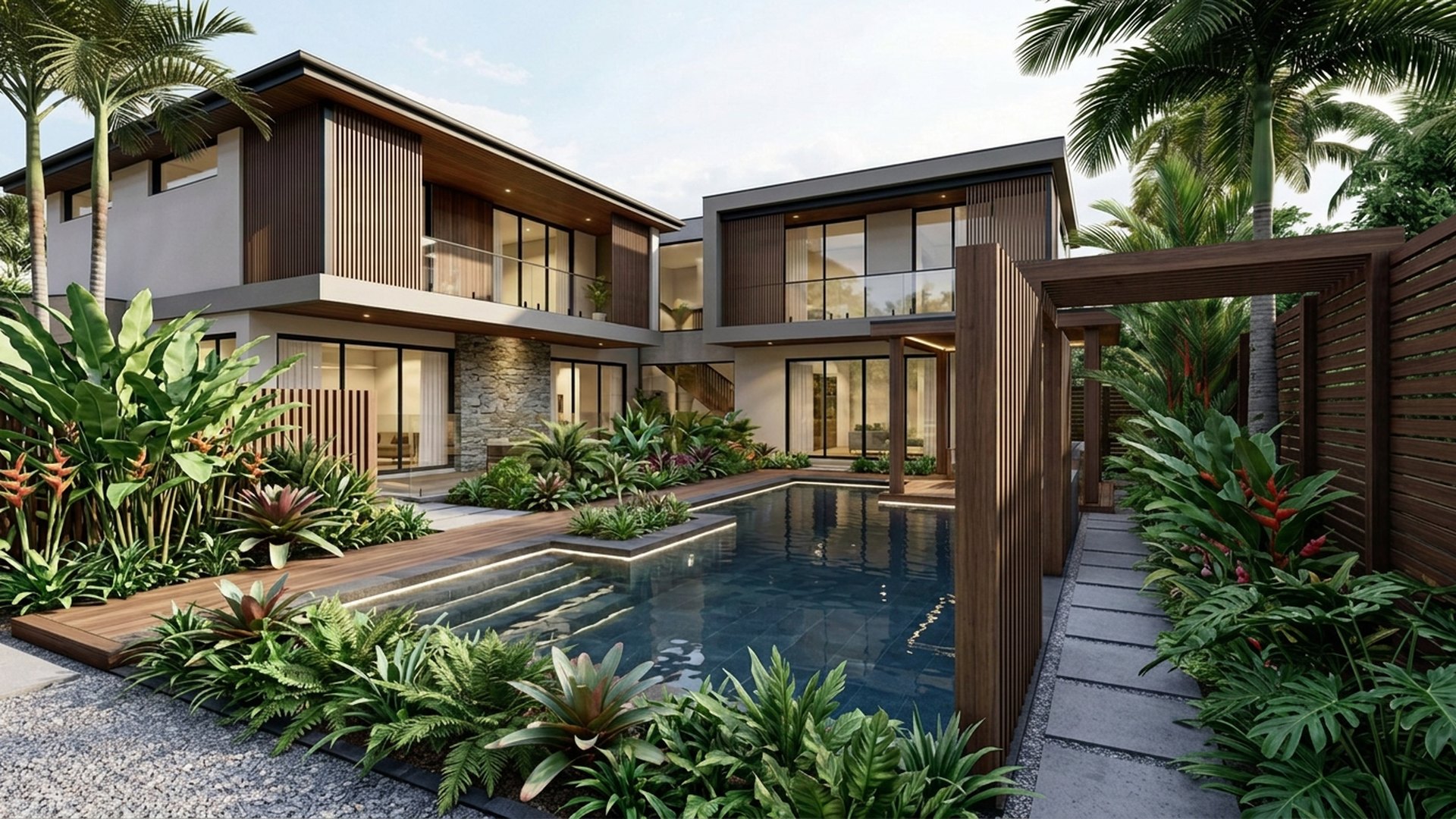 Tropical Home Designs design concept visualisation photo modern home and garden landscaping. Images Created by www.future-home.shop