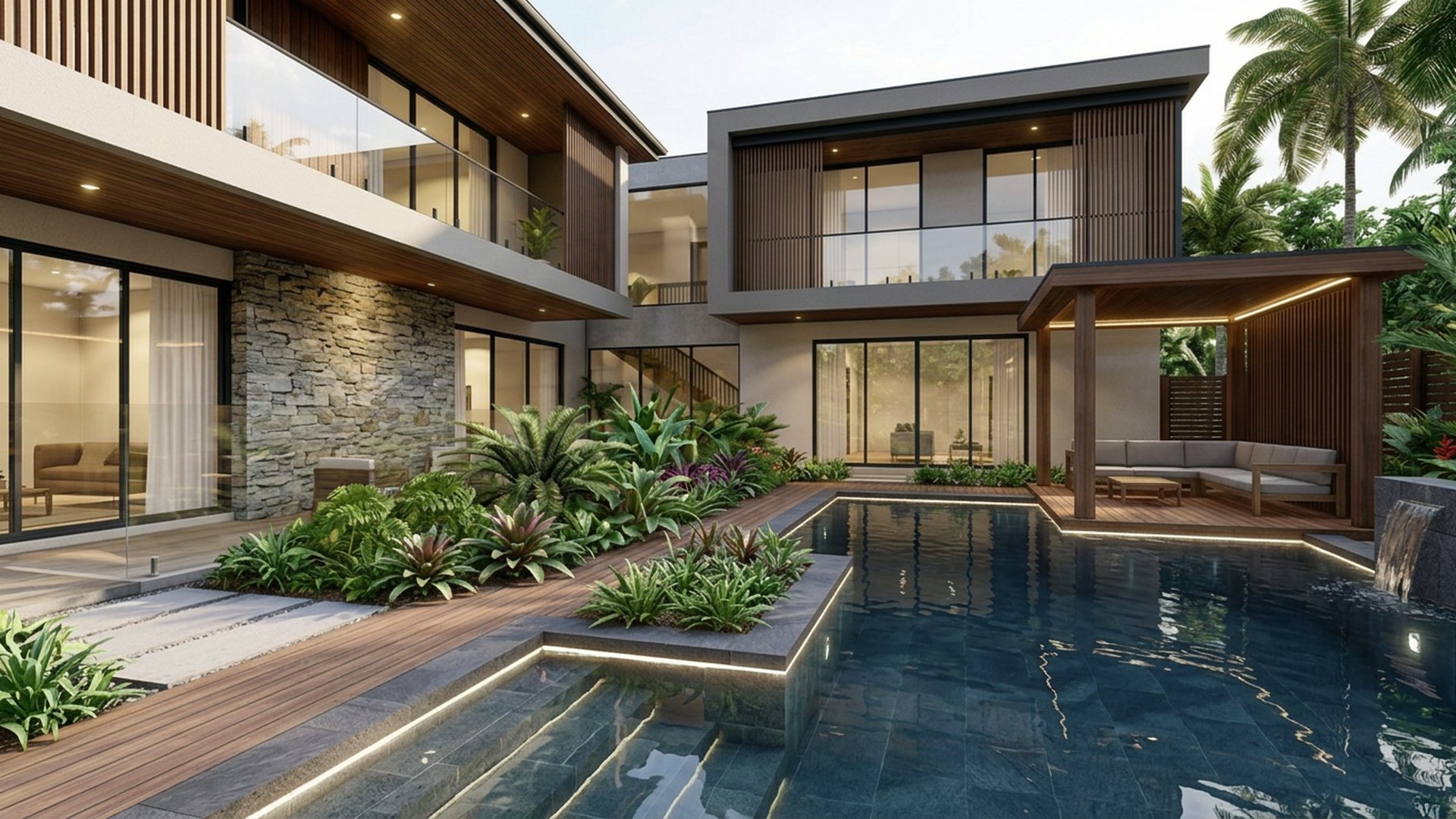 Tropical Home Designs design concept visualisation photo modern home and garden landscaping. Images Created by www.future-home.shop