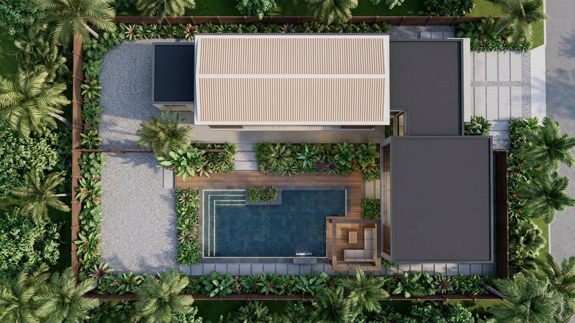 Tropical Home Designs design concept visualisation photo modern home and garden landscaping. Images Created by www.future-home.shop