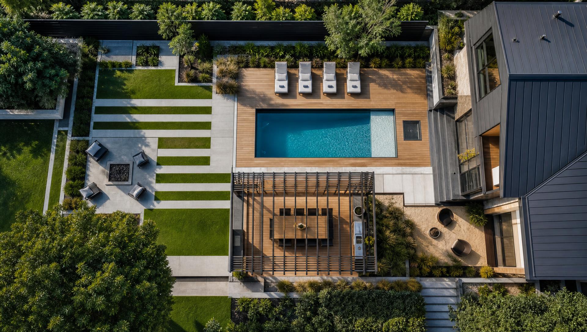 Aerial top view of modern architectural home with timber deck geometric pool dining pergola and lawn. Images Created by www.future-home.shop