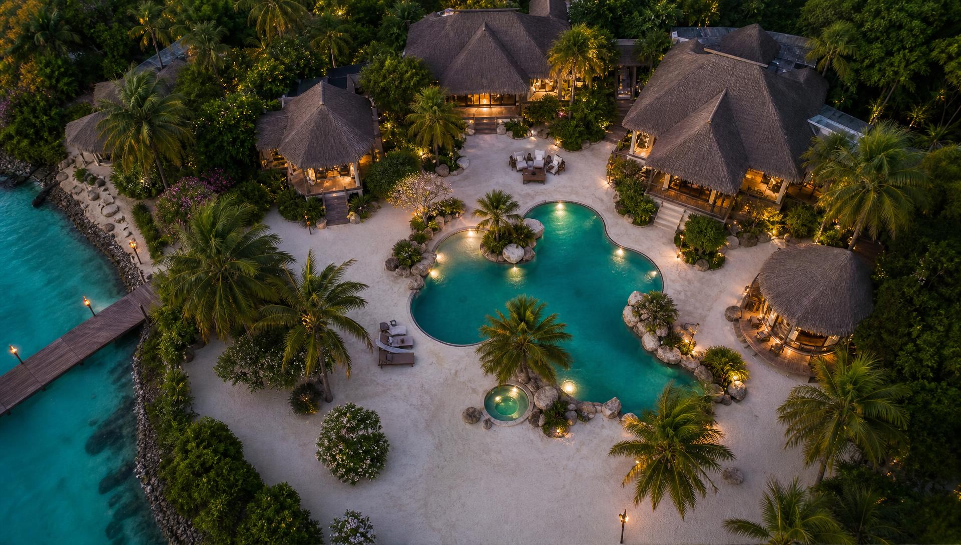 Aerial top view of tropical island luxury home with thatched pavilions lagoon pool palms and beach. Images Created by www.future-home.shop