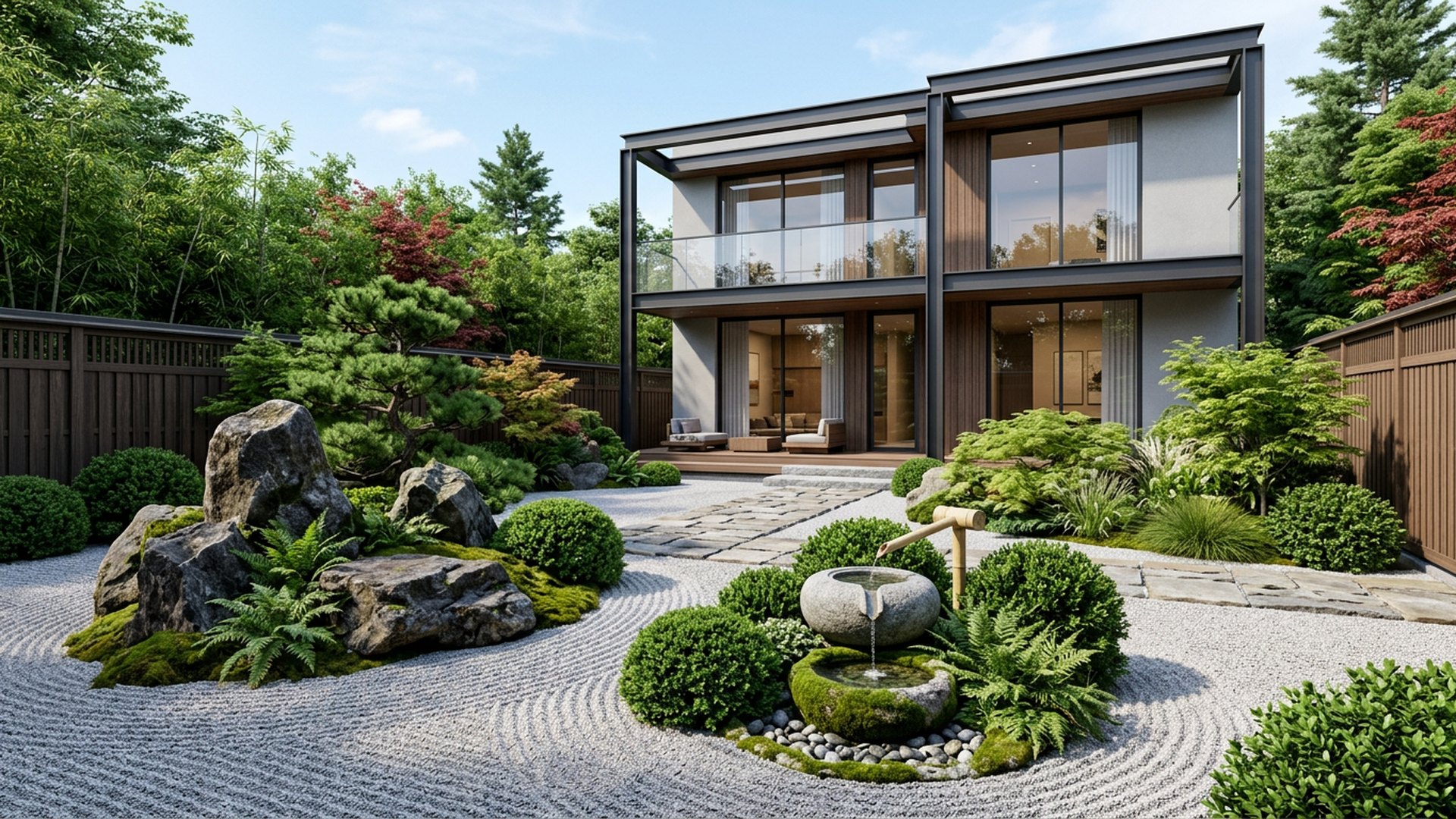 Zen Courtyard backyard landscaping concept Forward Looking Gravel, boulders, a water basin and clipped forms for a still, quiet yard. Images Created by www.future-home.shop