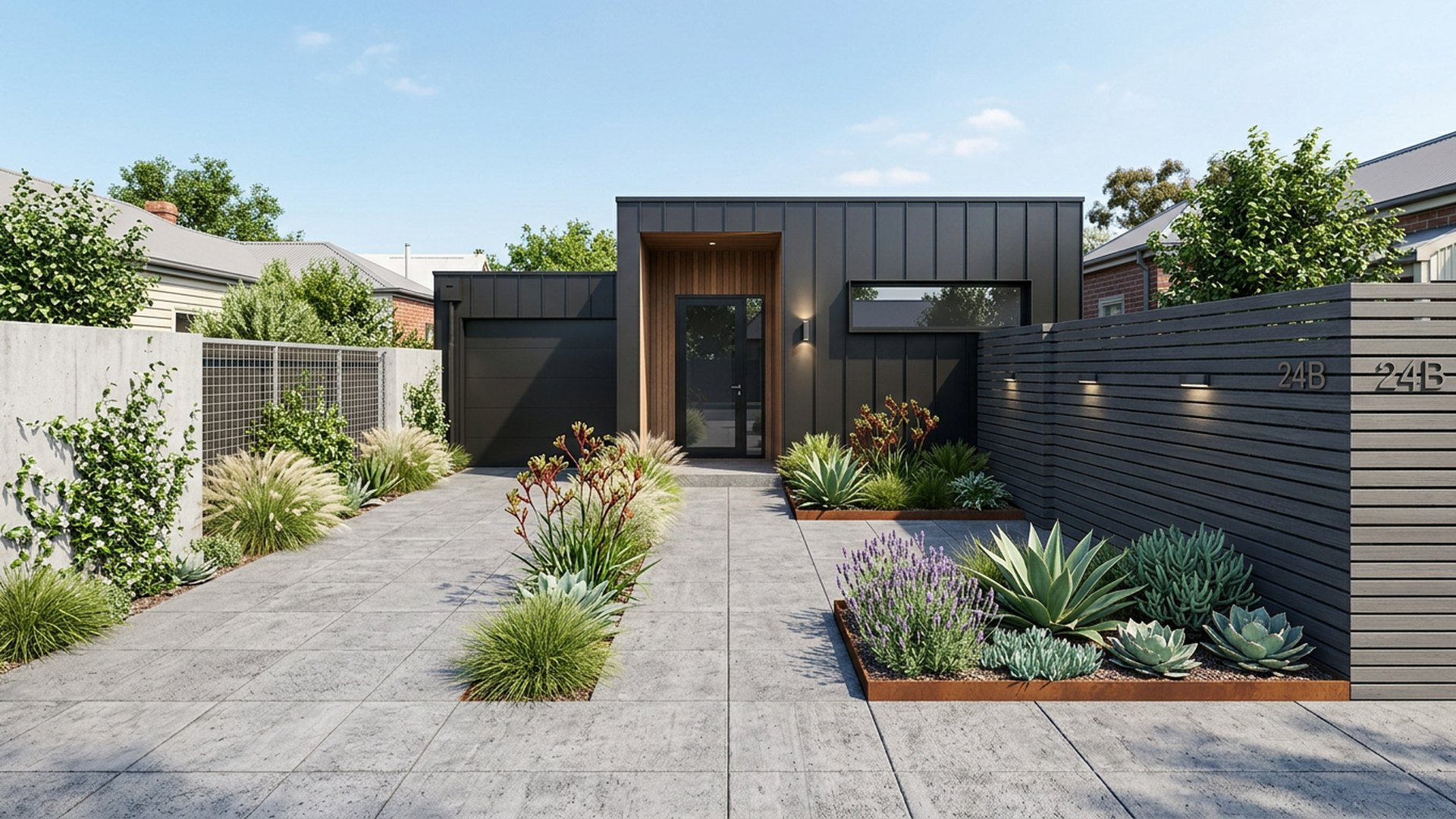 Zero Lawn Courtyard front yard landscaping concept Forward Looking Full paving with planted pockets, perfect for narrow inner-city frontages. The. Images Created by www.future-home.shop